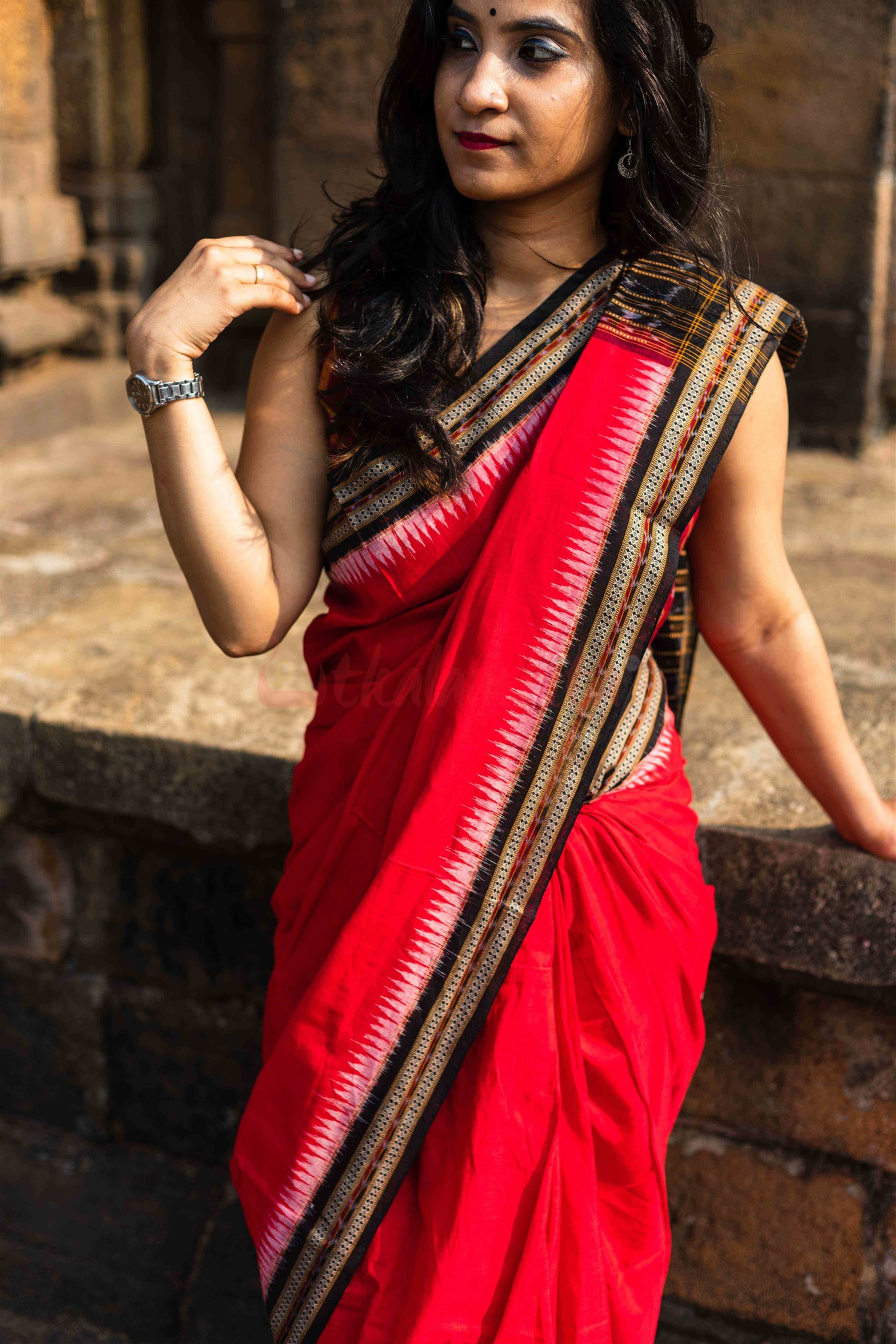 SUHAGINI FASHION RED Sambalpuri cotton saree with resham woven butti and  pallu with zari border with